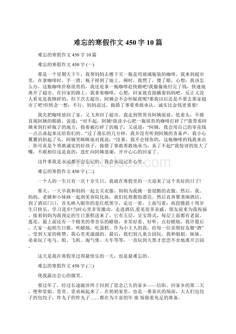 难忘的寒假作文450字10篇.docx