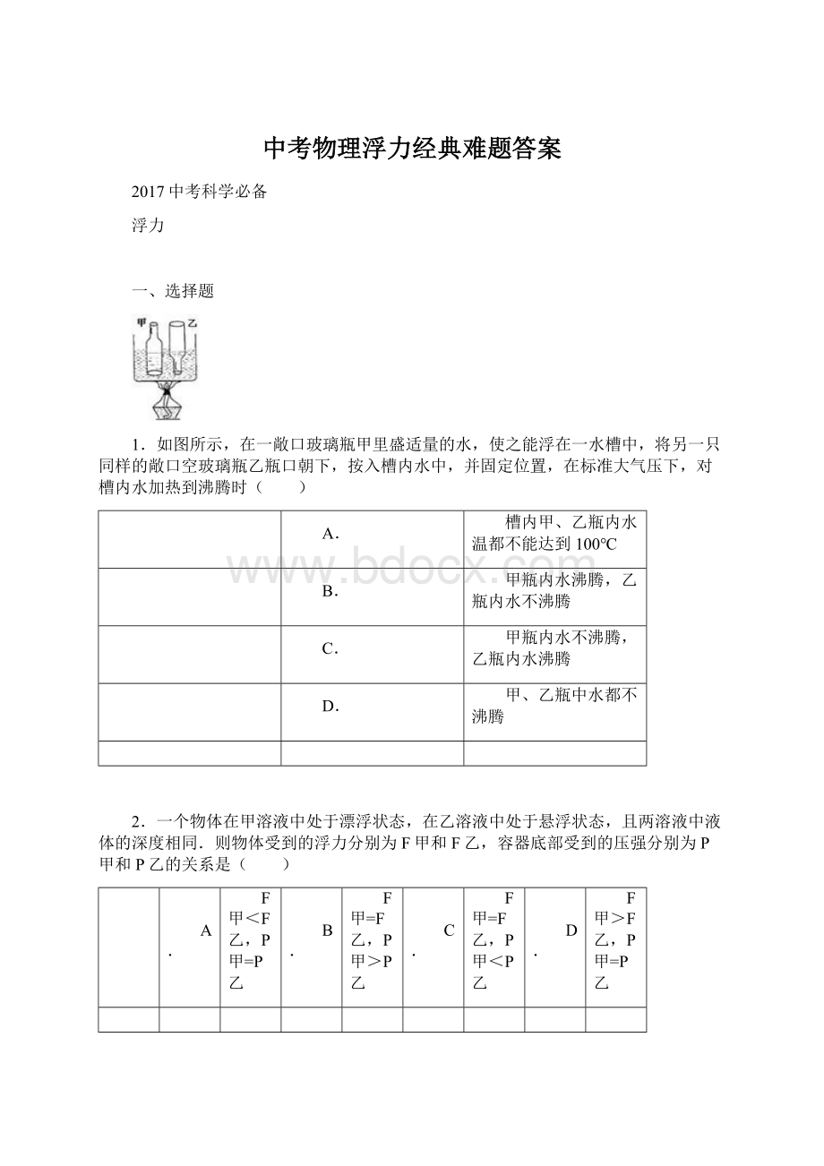 中考物理浮力经典难题答案.docx