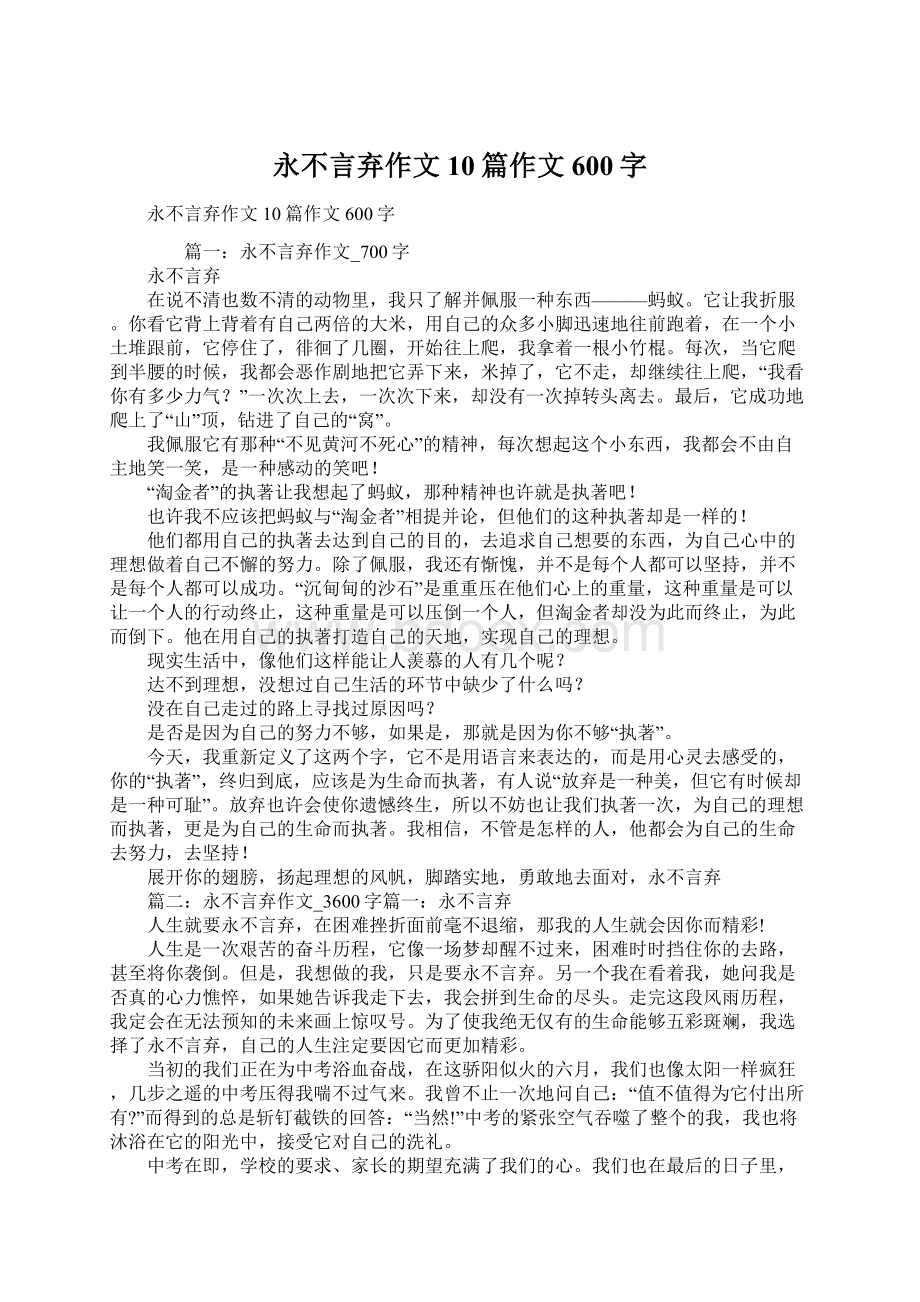 永不言弃作文10篇作文600字Word格式.docx