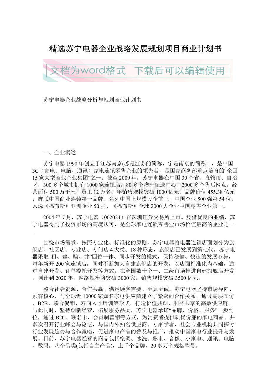 精选苏宁电器企业战略发展规划项目商业计划书Word文档格式.docx