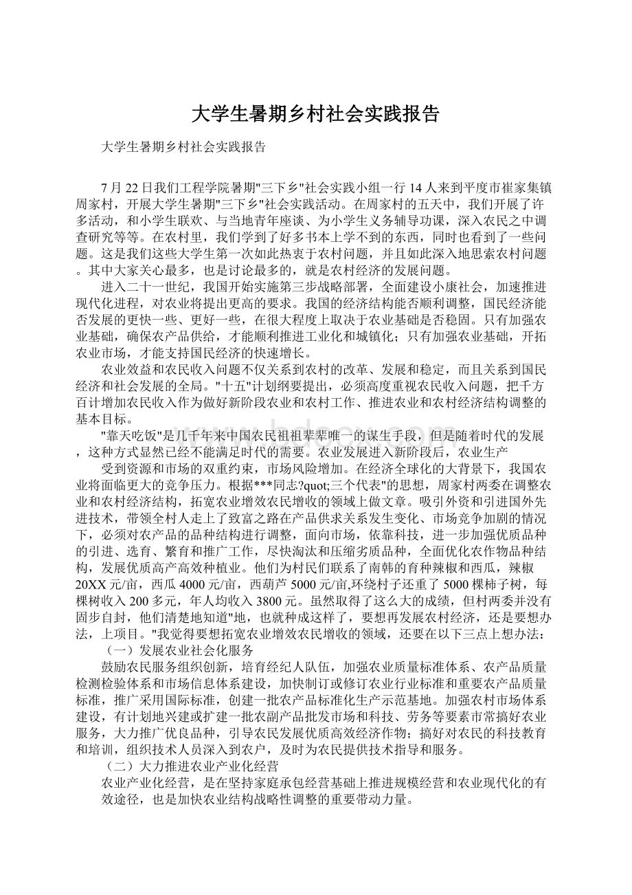 大学生暑期乡村社会实践报告Word文档格式.docx