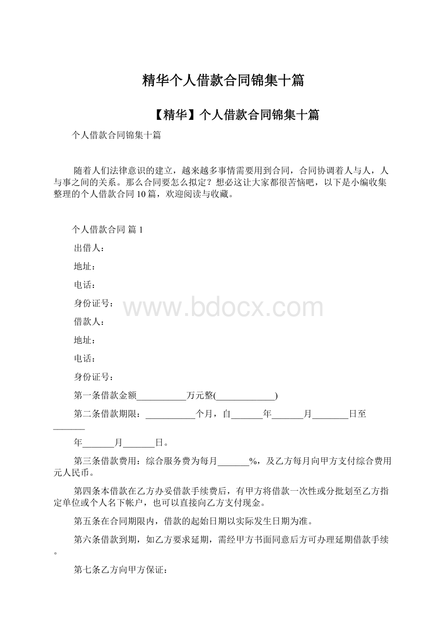 精华个人借款合同锦集十篇Word文件下载.docx