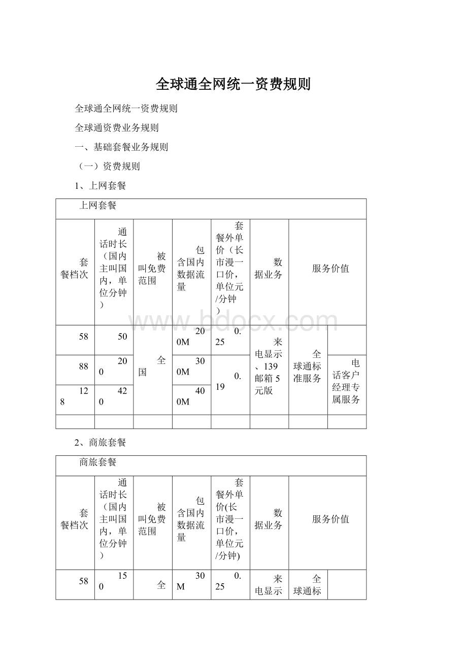 全球通全网统一资费规则Word格式文档下载.docx