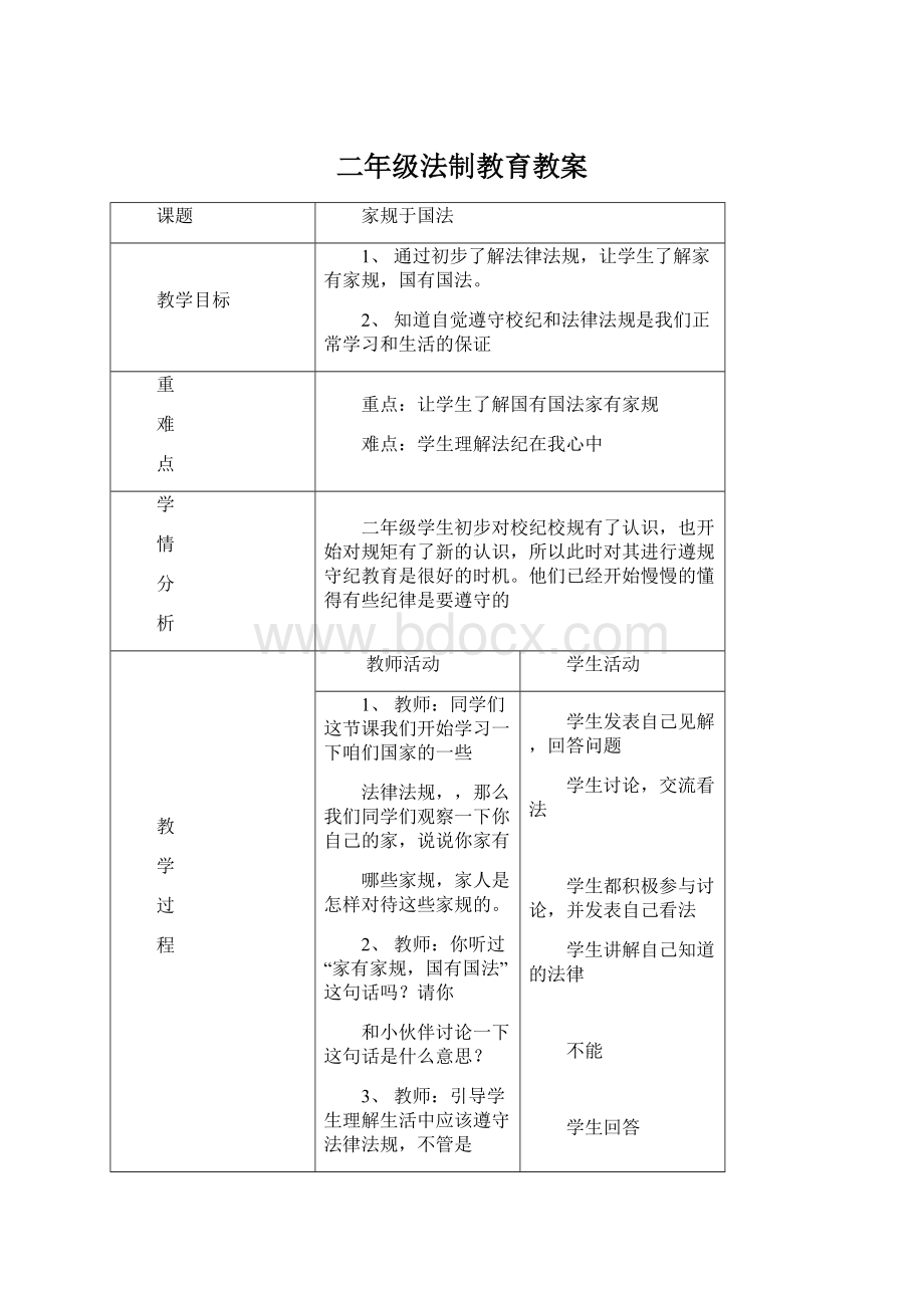 二年级法制教育教案Word格式文档下载.docx