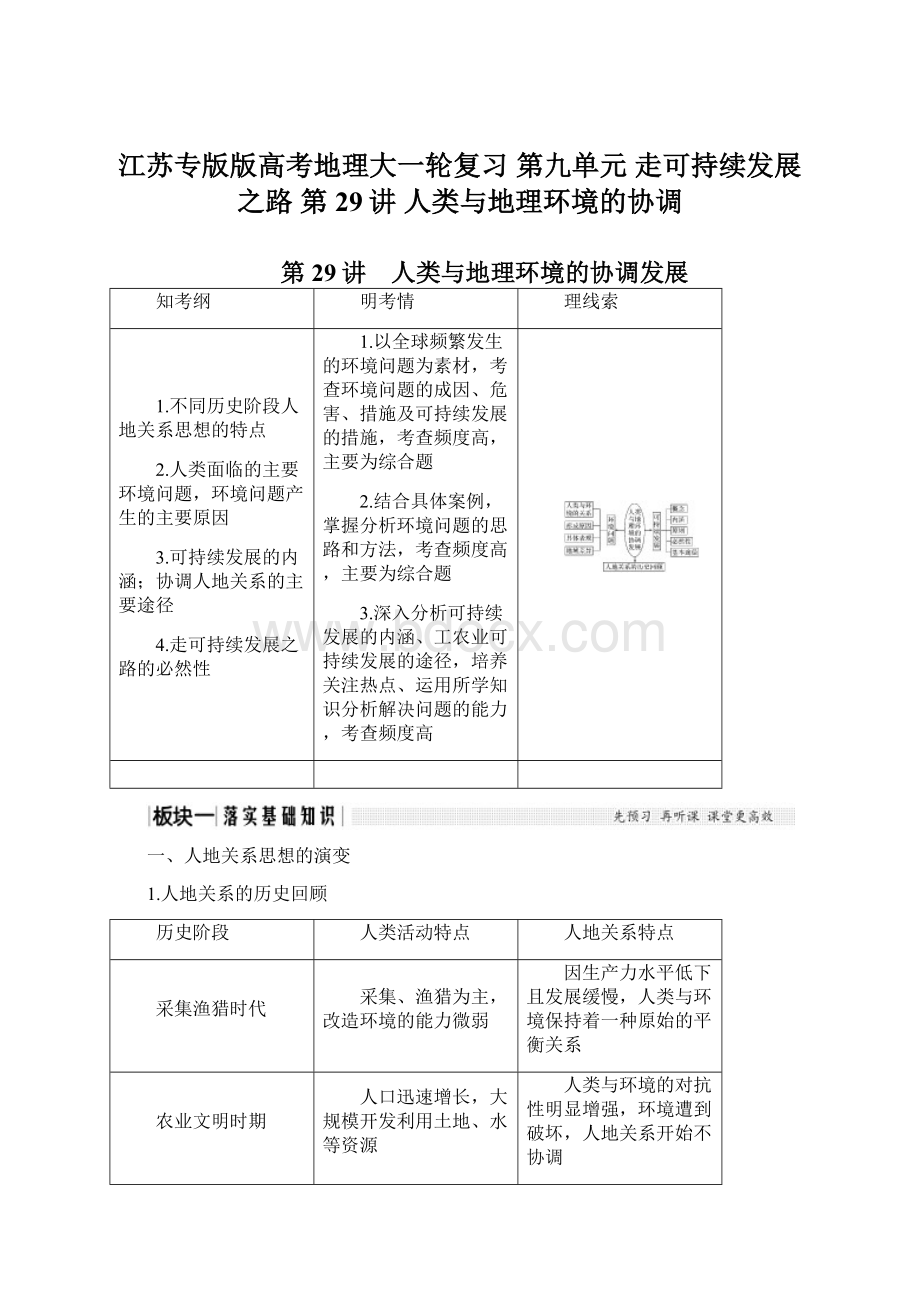 江苏专版版高考地理大一轮复习 第九单元 走可持续发展之路 第29讲 人类与地理环境的协调.docx_第1页