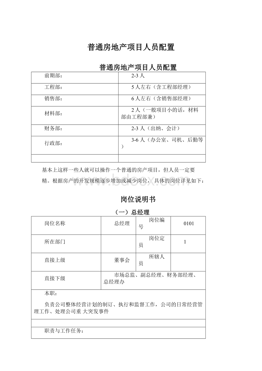 普通房地产项目人员配置Word下载.docx