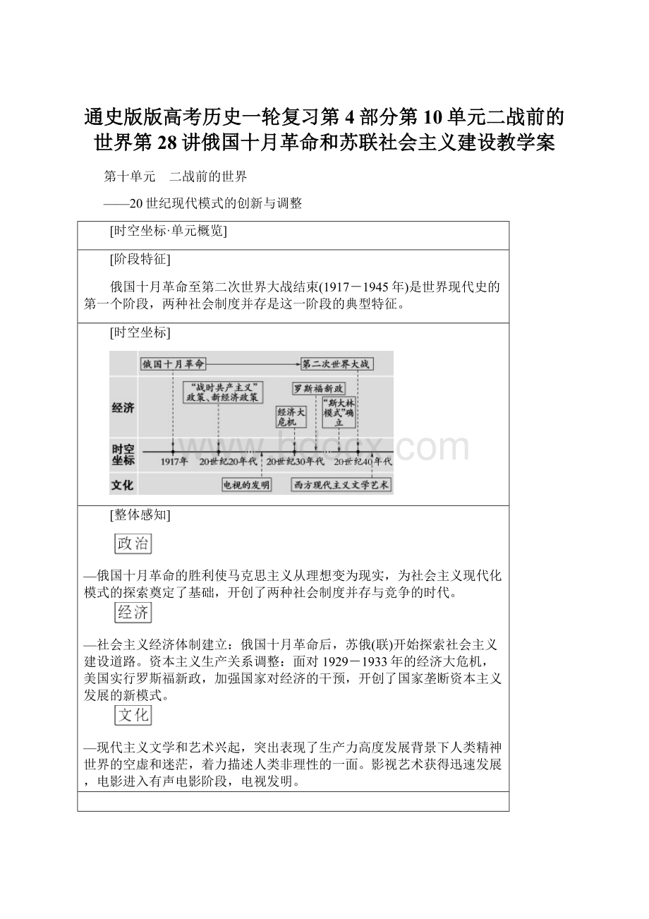 通史版版高考历史一轮复习第4部分第10单元二战前的世界第28讲俄国十月革命和苏联社会主义建设教学案.docx