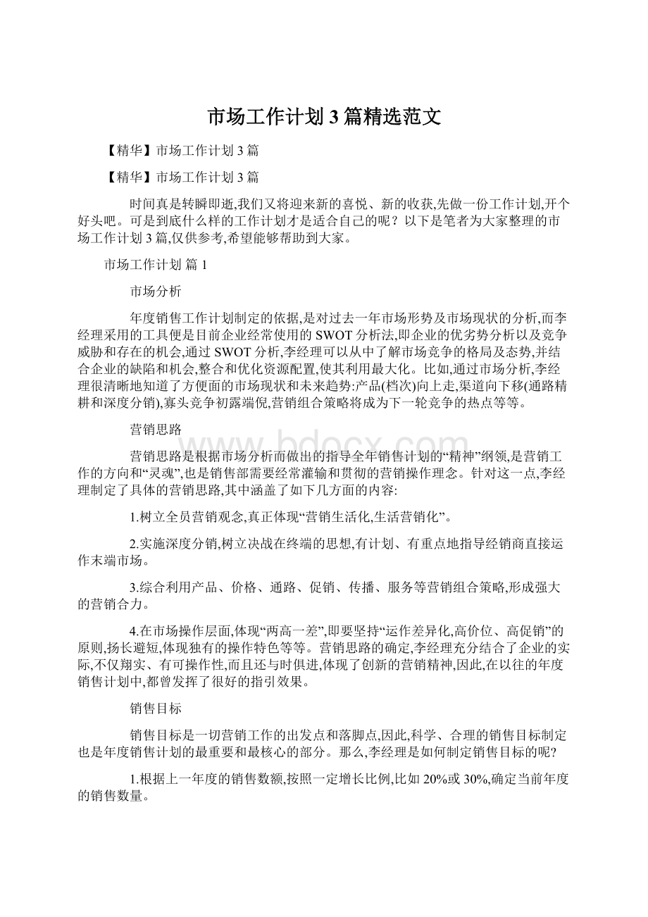 市场工作计划3篇精选范文Word文档格式.docx