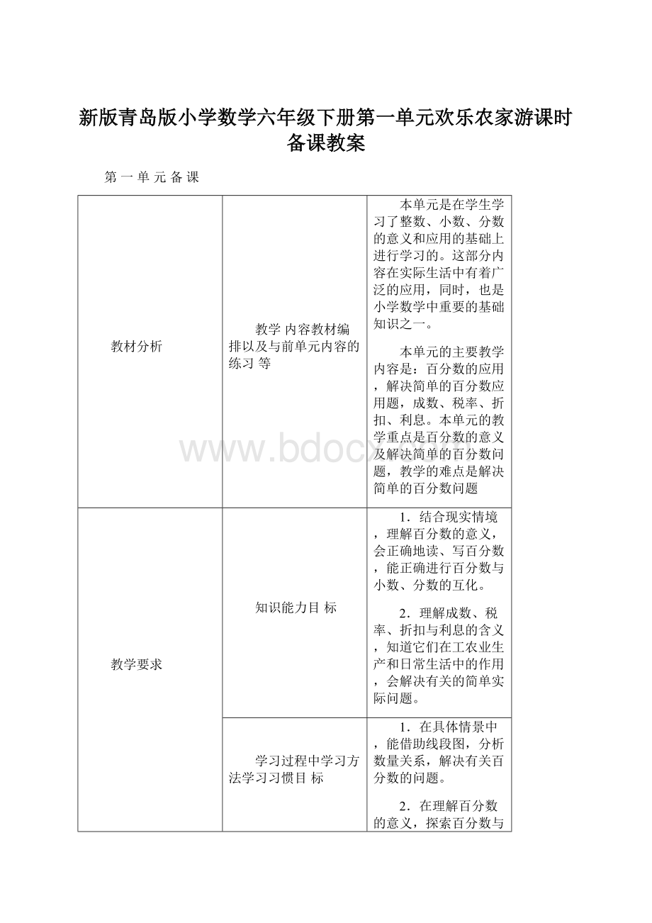 新版青岛版小学数学六年级下册第一单元欢乐农家游课时备课教案.docx_第1页