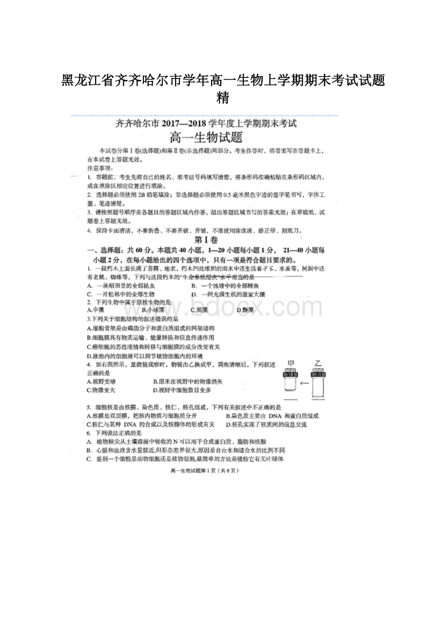 黑龙江省齐齐哈尔市学年高一生物上学期期末考试试题 精.docx