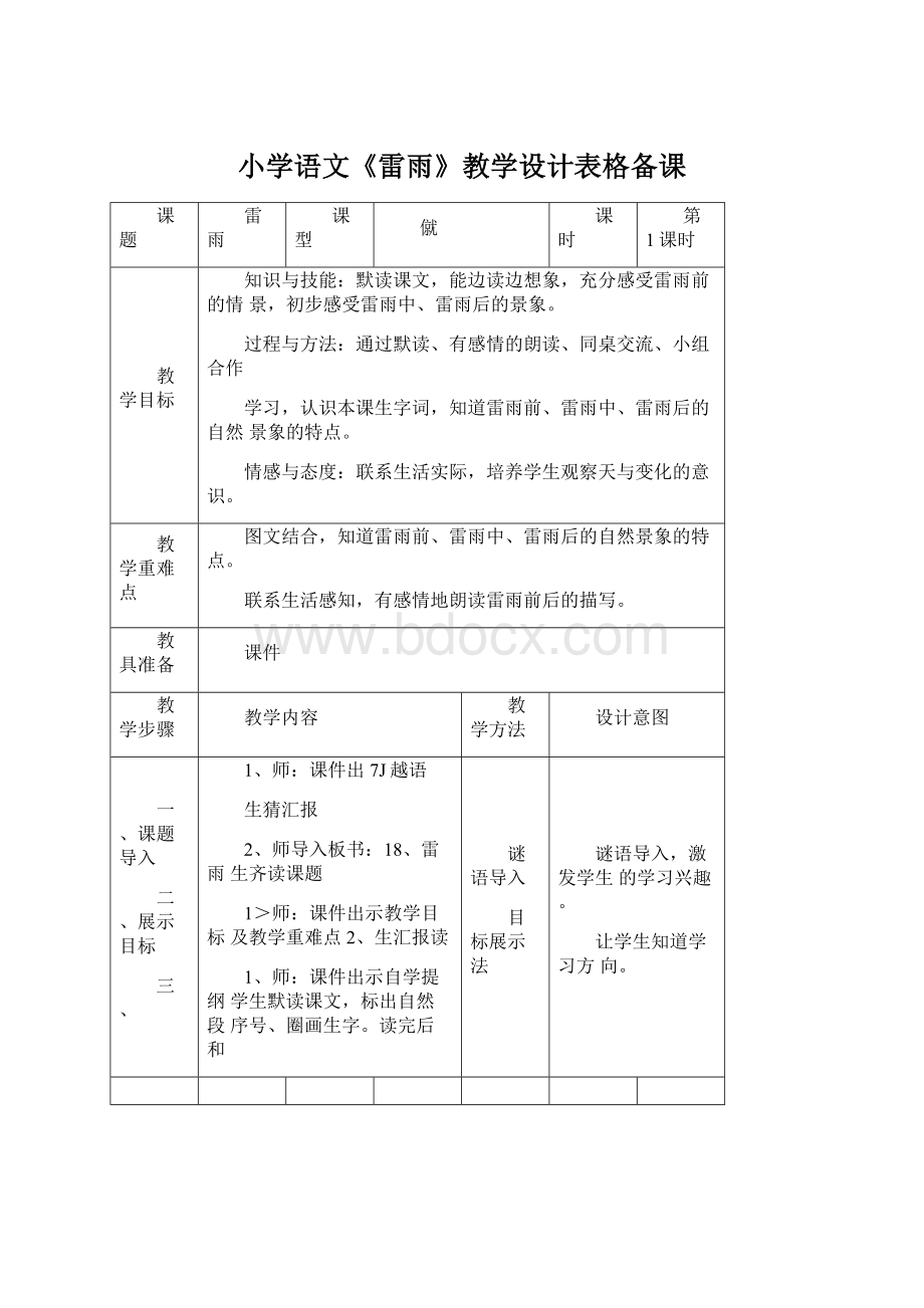 小学语文《雷雨》教学设计表格备课Word文档格式.docx_第1页