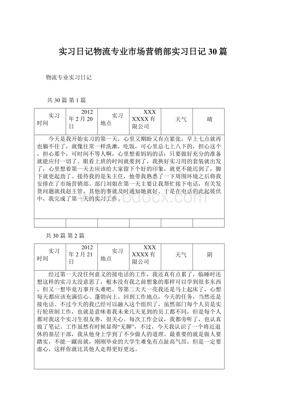 实习日记物流专业市场营销部实习日记30篇.docx