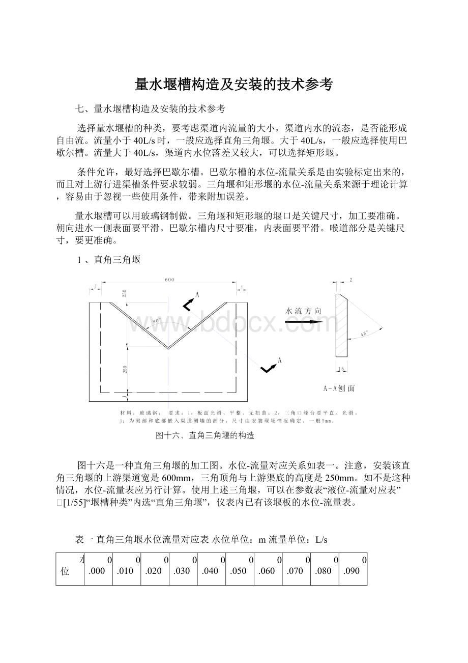 量水堰槽构造及安装的技术参考Word格式.docx