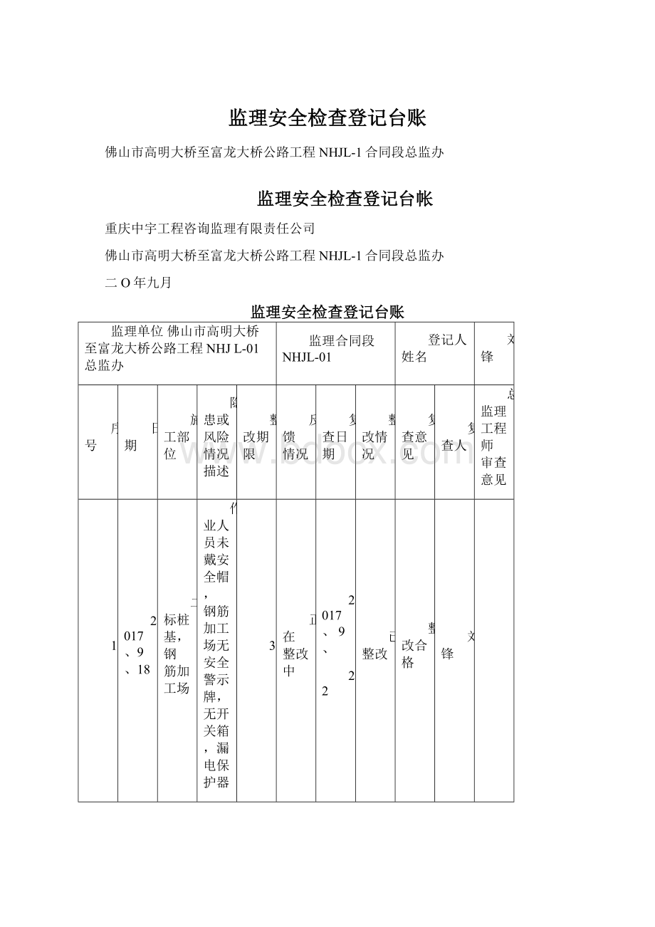 监理安全检查登记台账Word文档下载推荐.docx