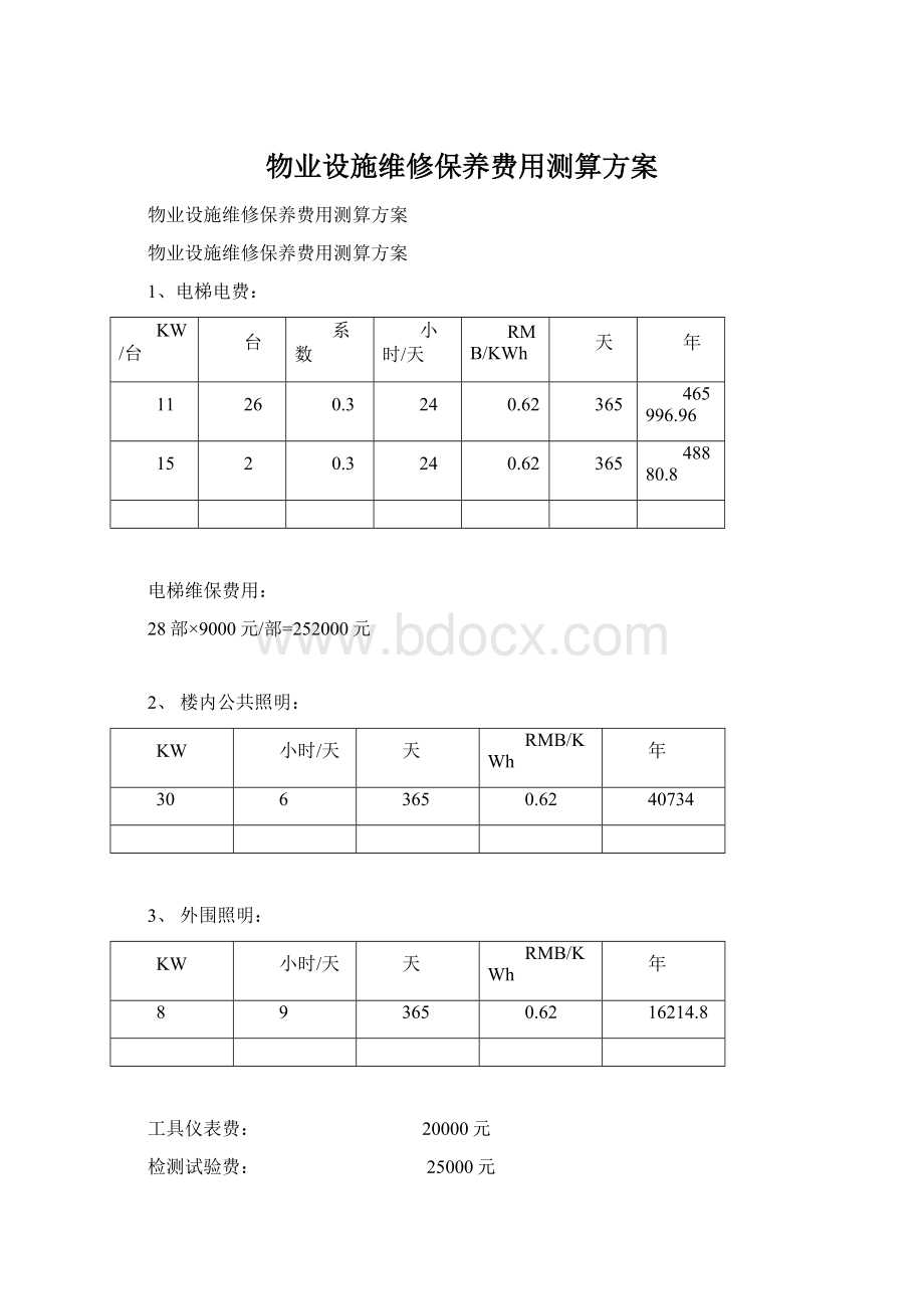 物业设施维修保养费用测算方案Word文档格式.docx