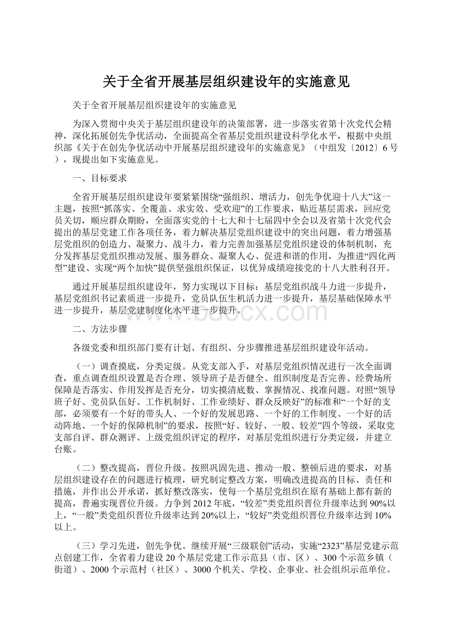 关于全省开展基层组织建设年的实施意见Word下载.docx