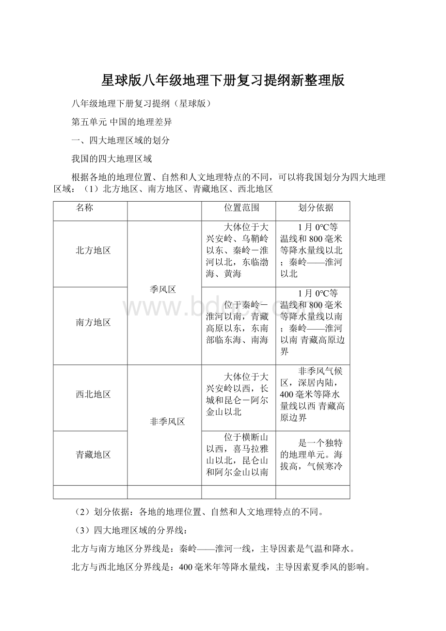 星球版八年级地理下册复习提纲新整理版Word文档下载推荐.docx