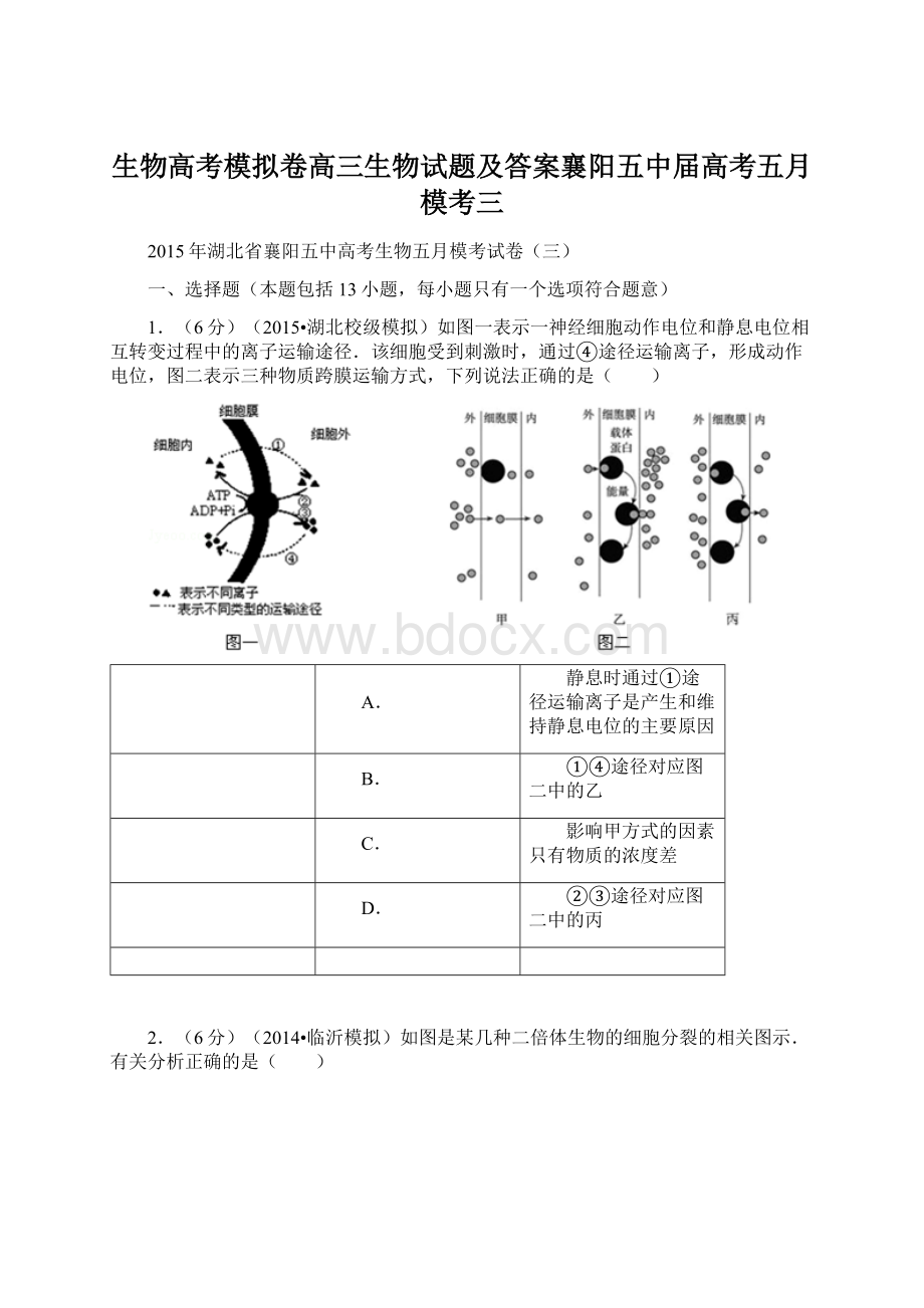 生物高考模拟卷高三生物试题及答案襄阳五中届高考五月模考三.docx