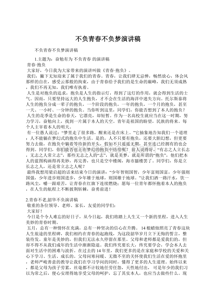 不负青春不负梦演讲稿Word格式文档下载.docx