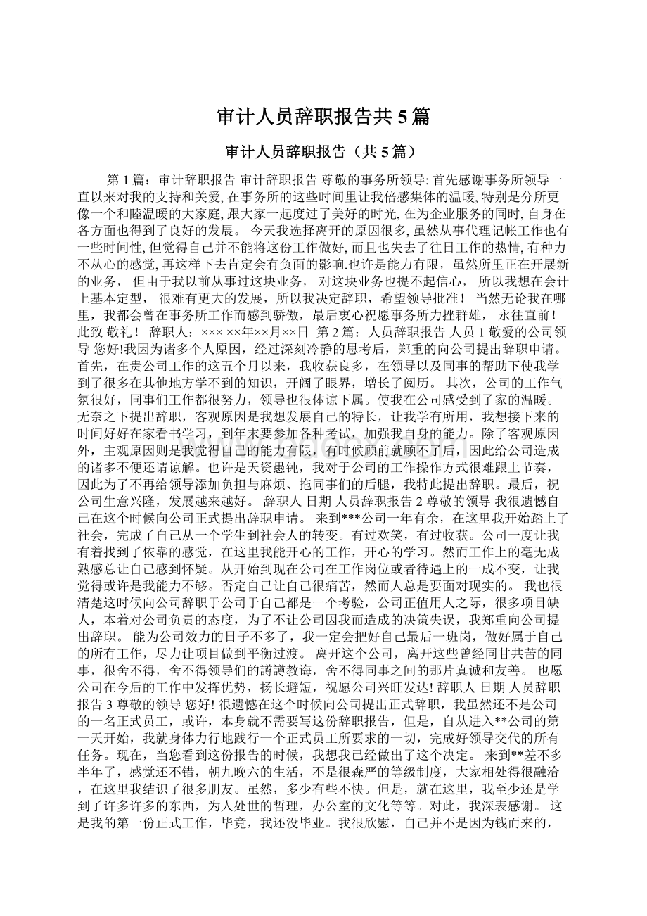 审计人员辞职报告共5篇文档格式.docx