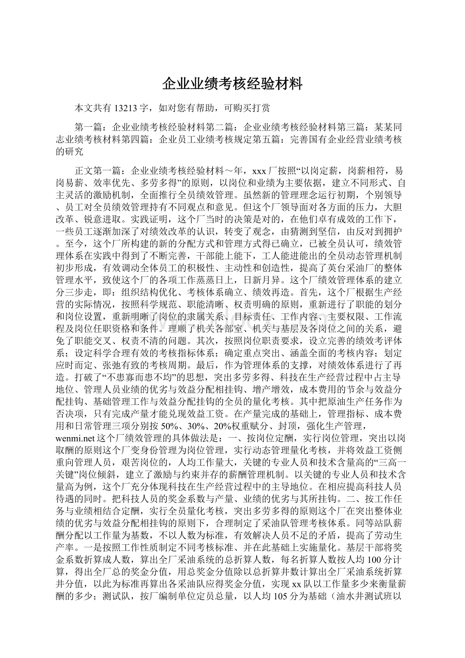 企业业绩考核经验材料文档格式.docx