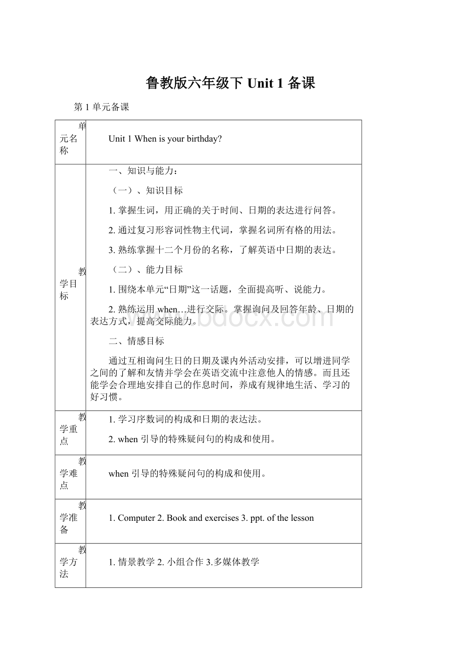 鲁教版六年级下Unit 1 备课Word文档下载推荐.docx