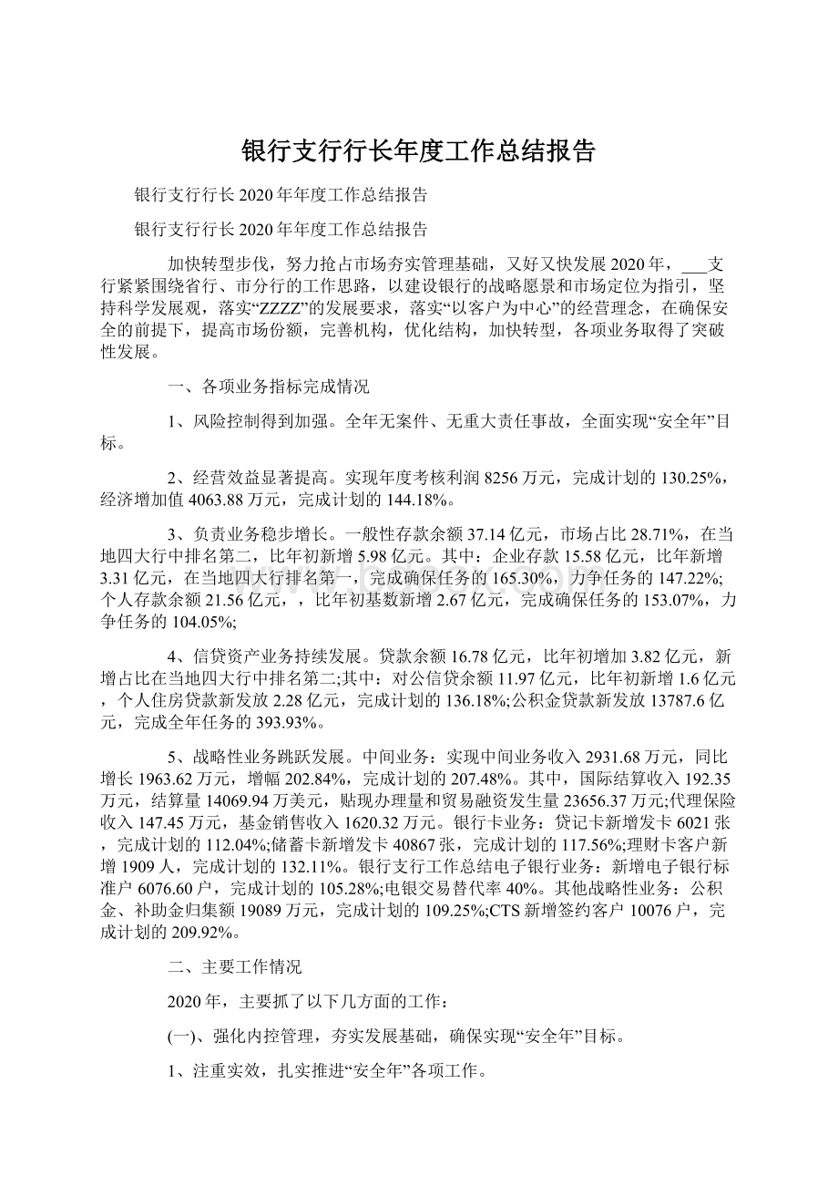 银行支行行长年度工作总结报告文档格式.docx