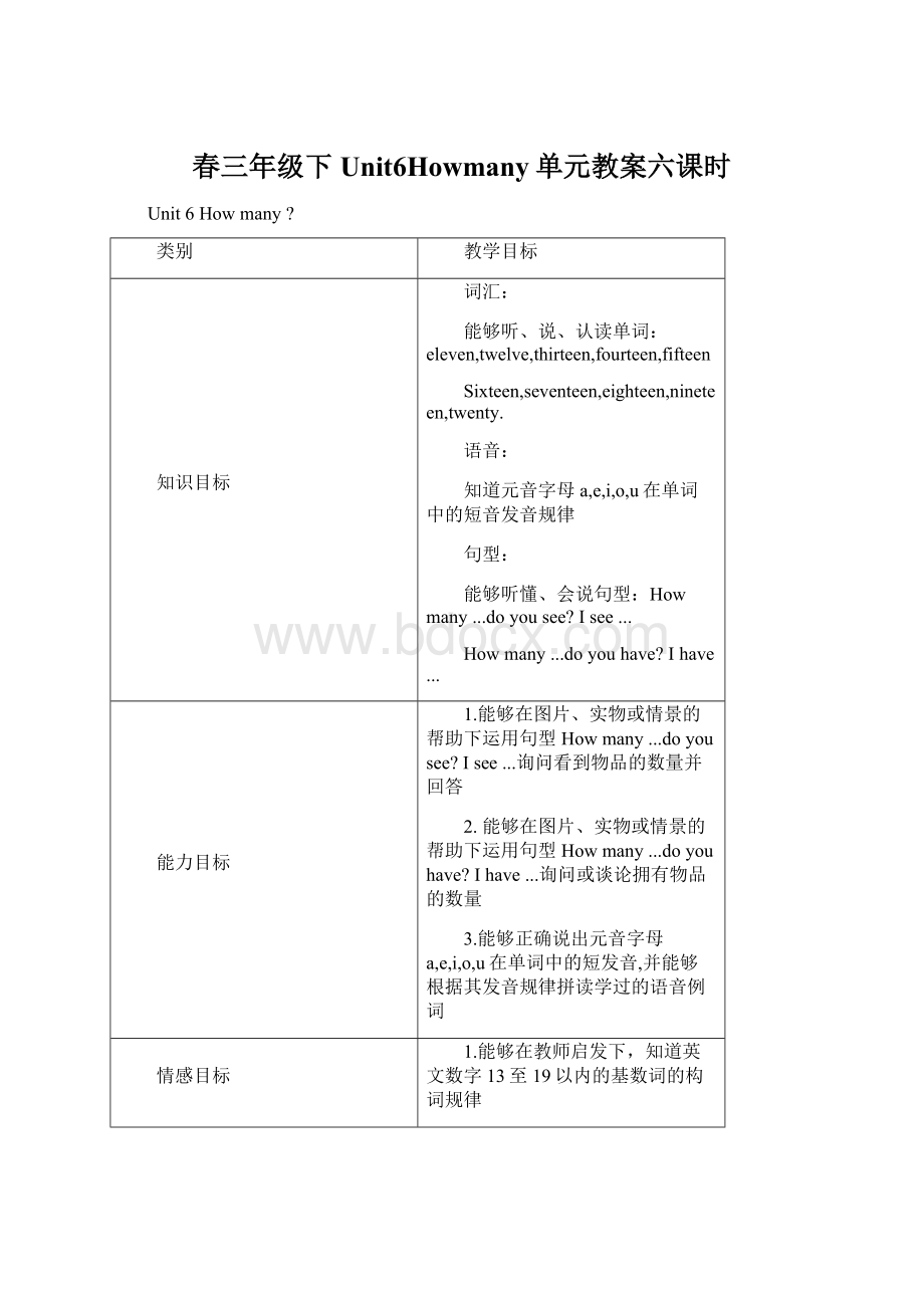 春三年级下Unit6Howmany单元教案六课时.docx_第1页