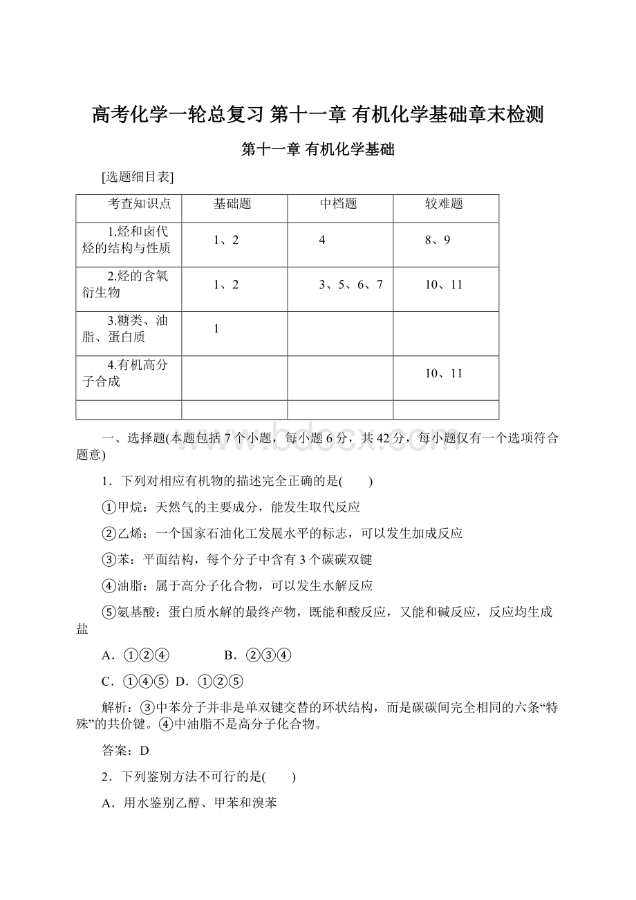 高考化学一轮总复习 第十一章 有机化学基础章末检测文档格式.docx_第1页