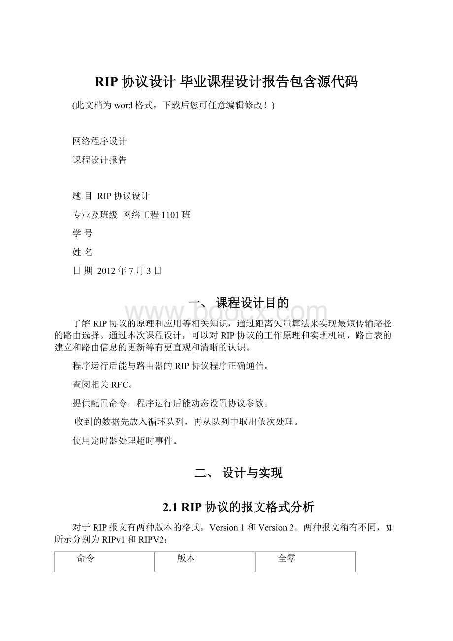 RIP协议设计 毕业课程设计报告包含源代码.docx_第1页