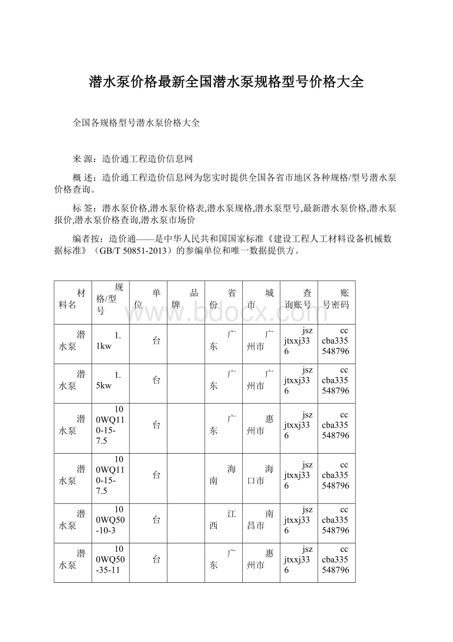 潜水泵价格最新全国潜水泵规格型号价格大全Word格式文档下载.docx