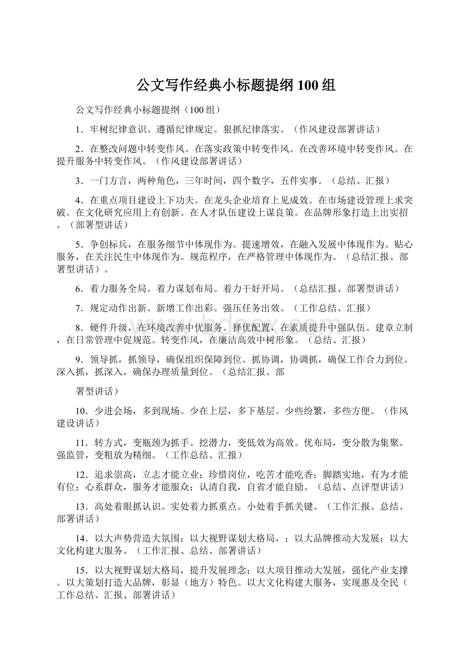 公文写作经典小标题提纲100组Word格式.docx_第1页