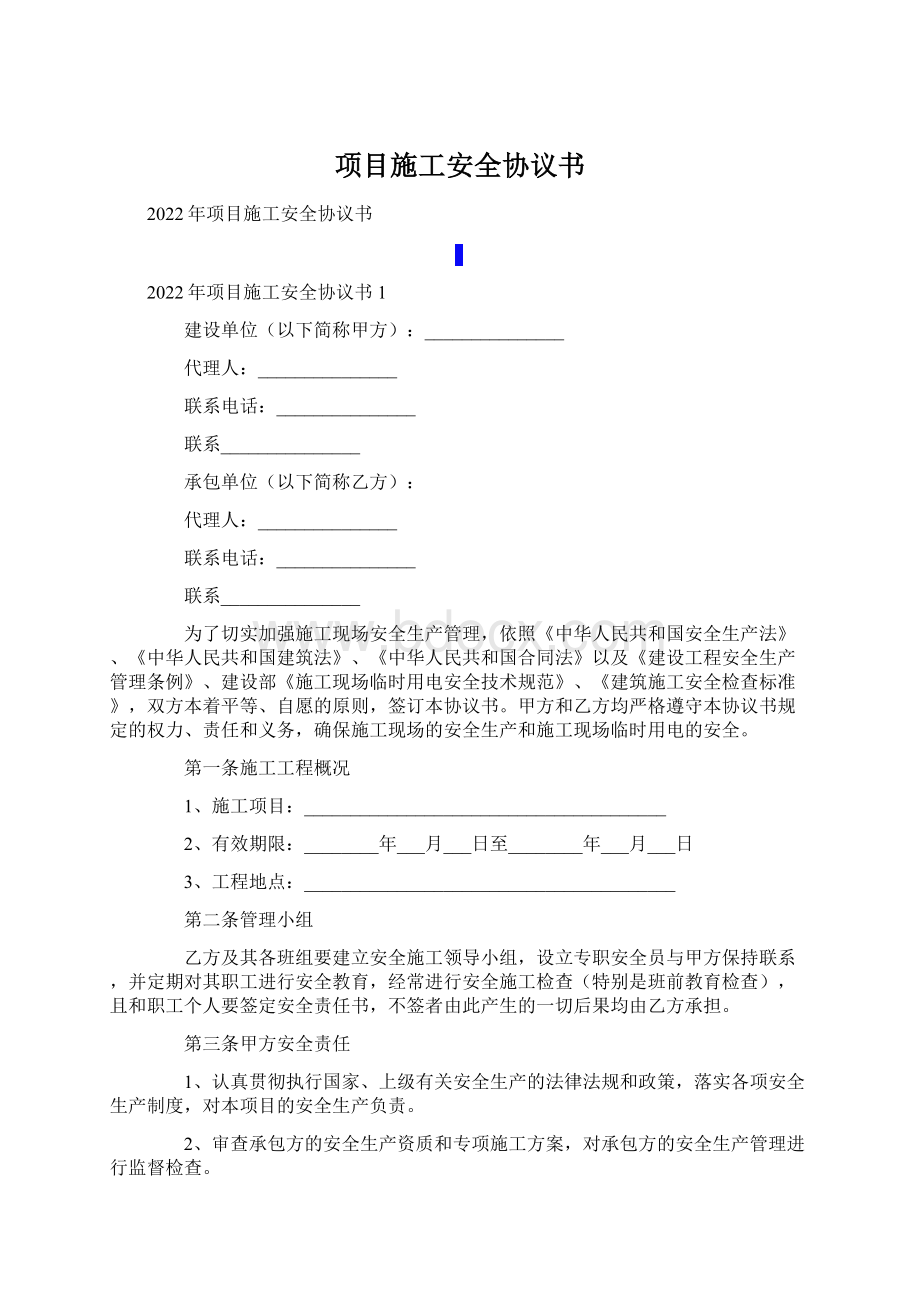 项目施工安全协议书文档格式.docx