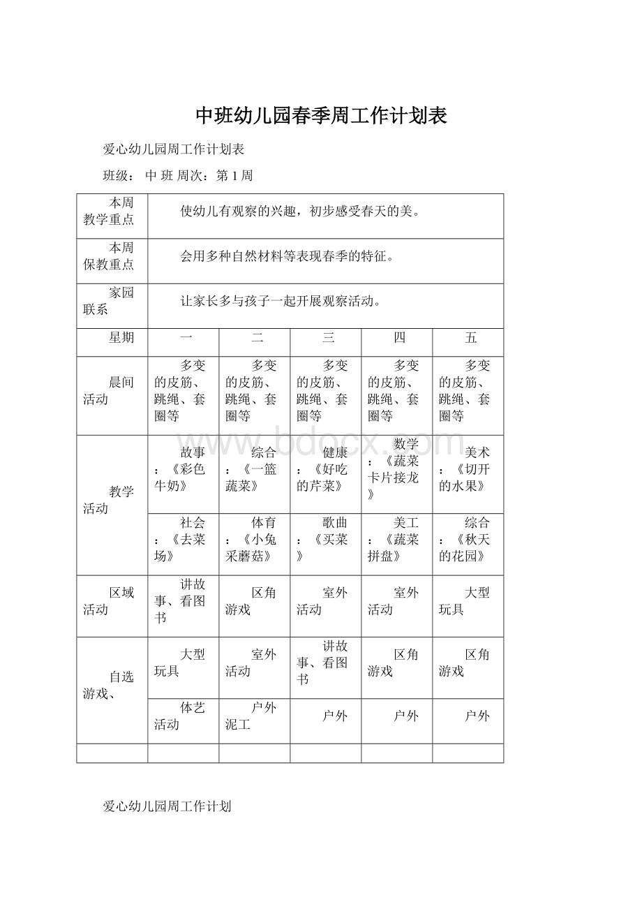 中班幼儿园春季周工作计划表Word下载.docx_第1页