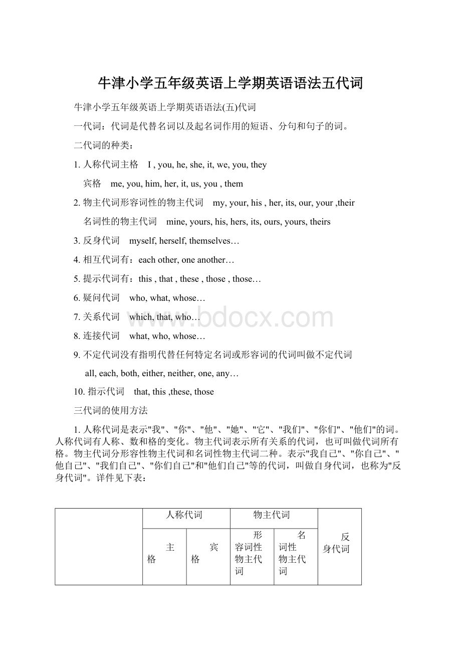 牛津小学五年级英语上学期英语语法五代词Word文档下载推荐.docx