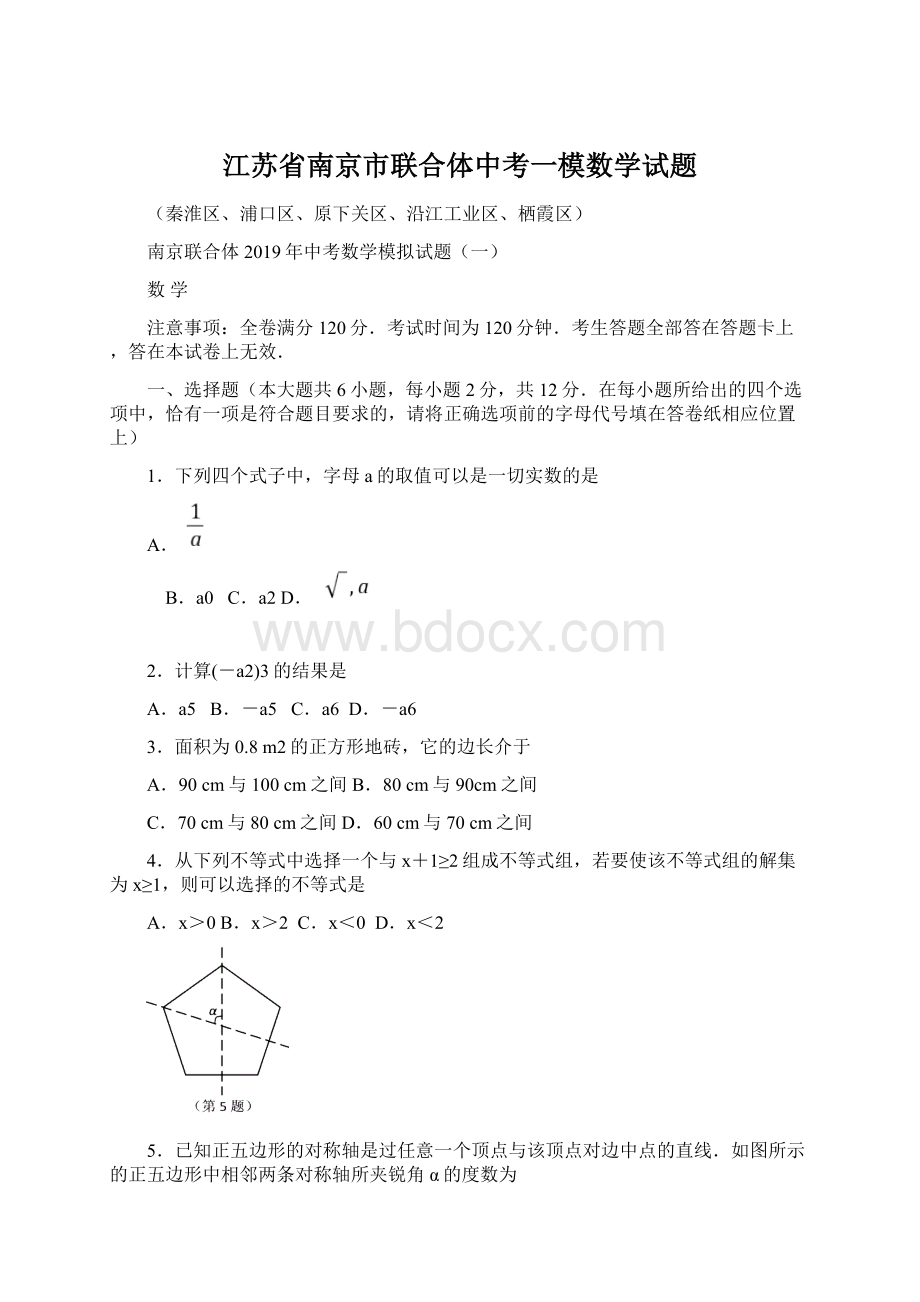 江苏省南京市联合体中考一模数学试题.docx