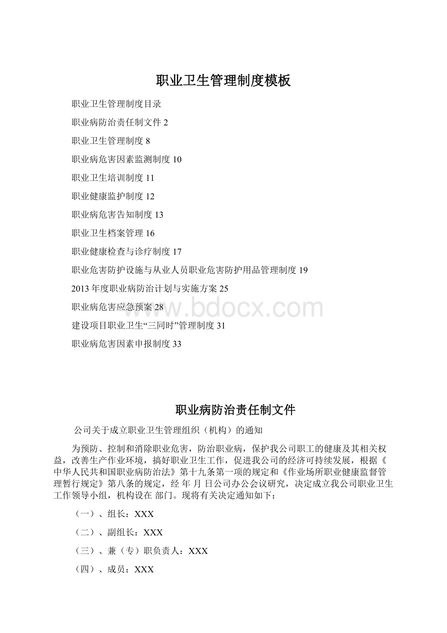 职业卫生管理制度模板Word格式文档下载.docx