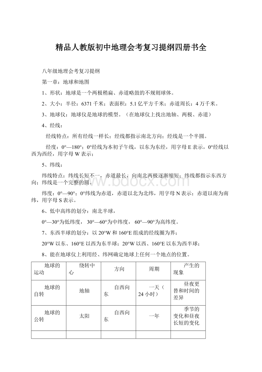 精品人教版初中地理会考复习提纲四册书全.docx