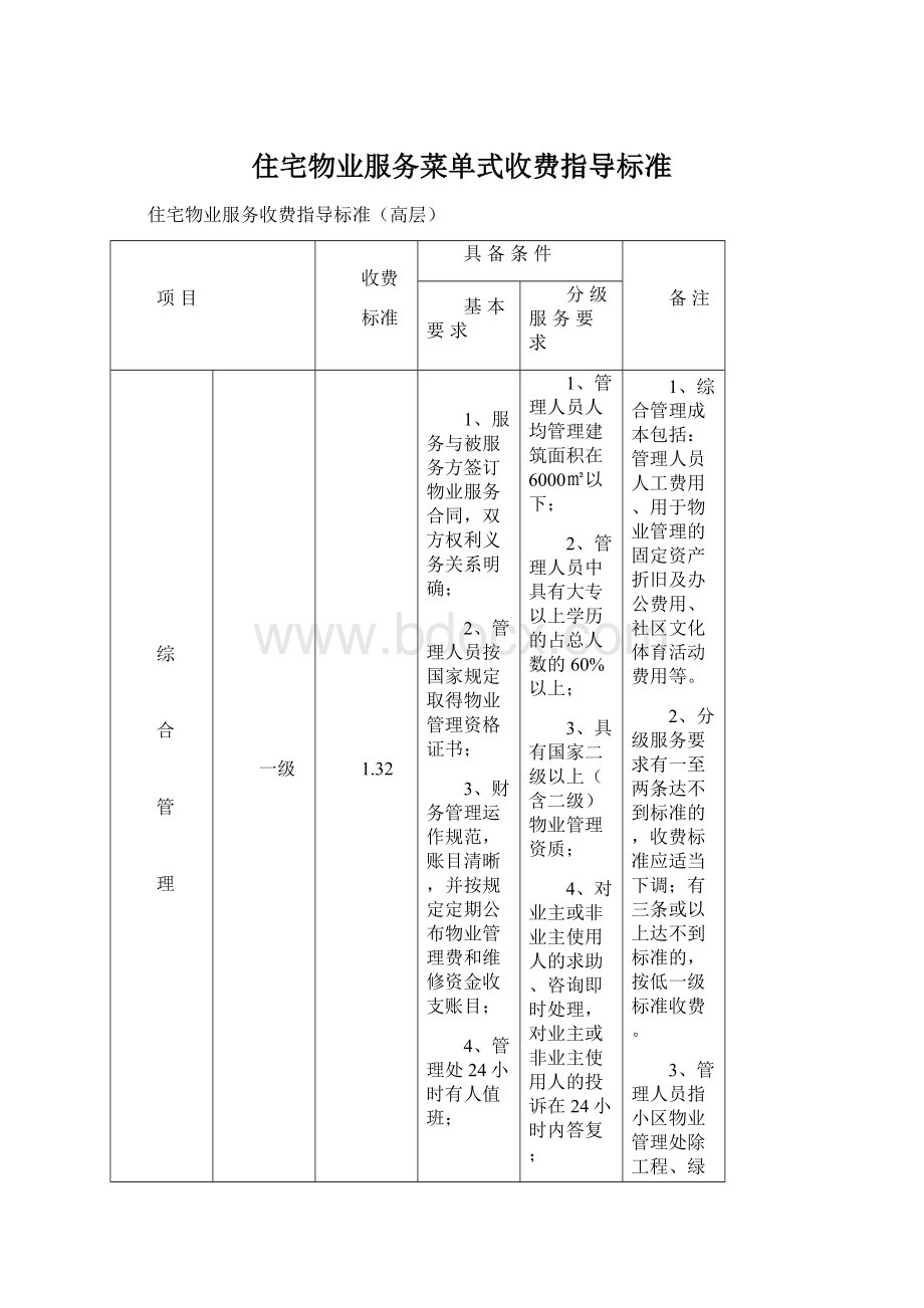 住宅物业服务菜单式收费指导标准Word格式文档下载.docx_第1页