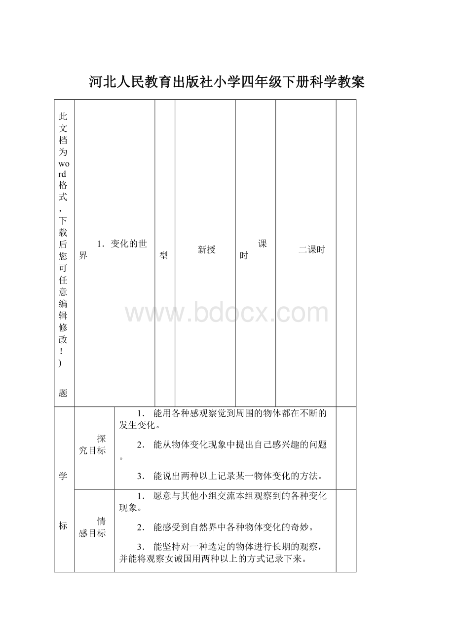 河北人民教育出版社小学四年级下册科学教案Word文档下载推荐.docx_第1页