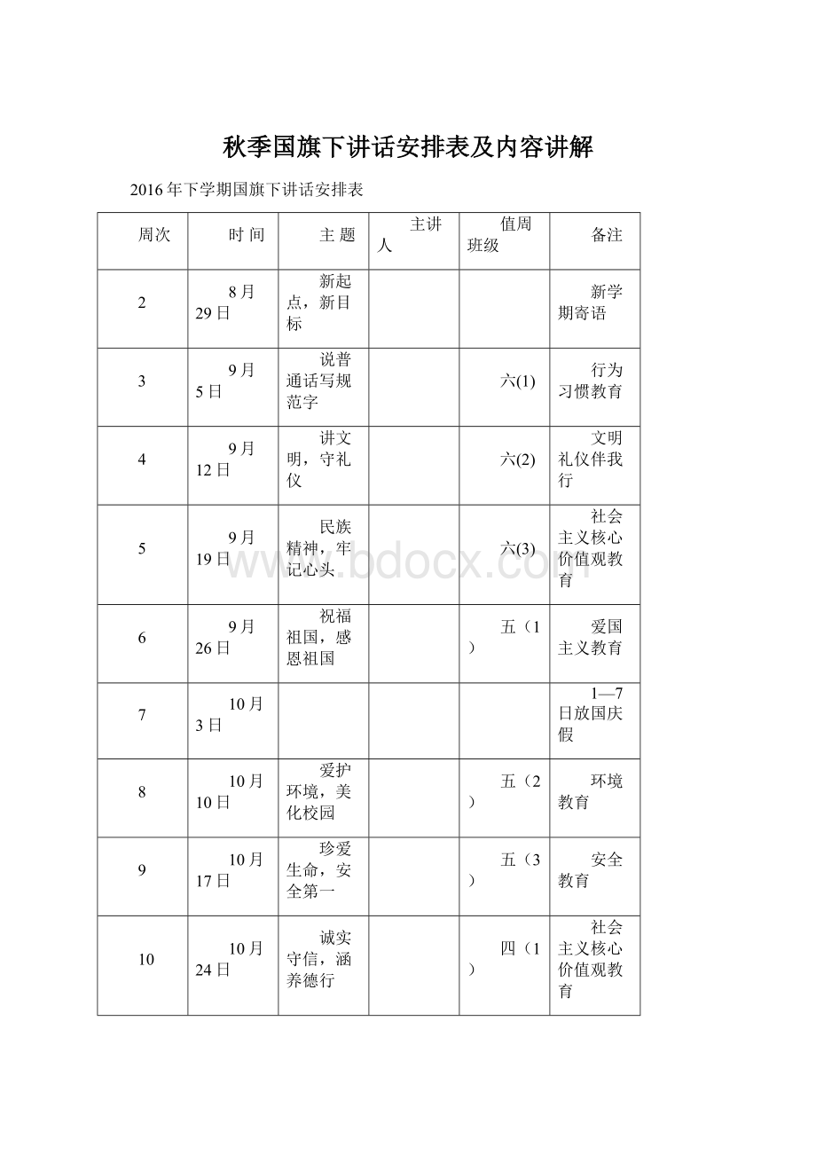 秋季国旗下讲话安排表及内容讲解.docx