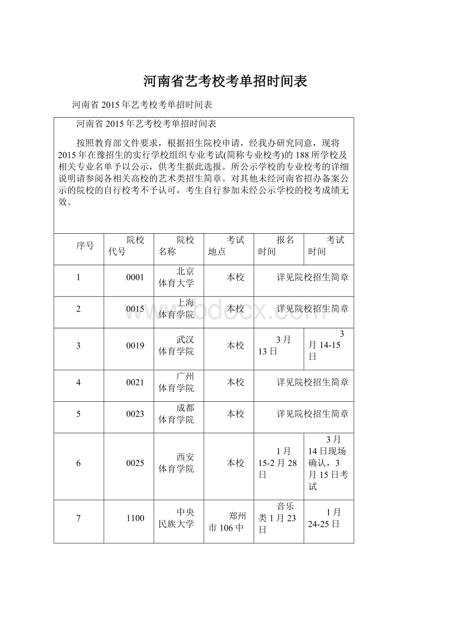 河南省艺考校考单招时间表Word文档下载推荐.docx