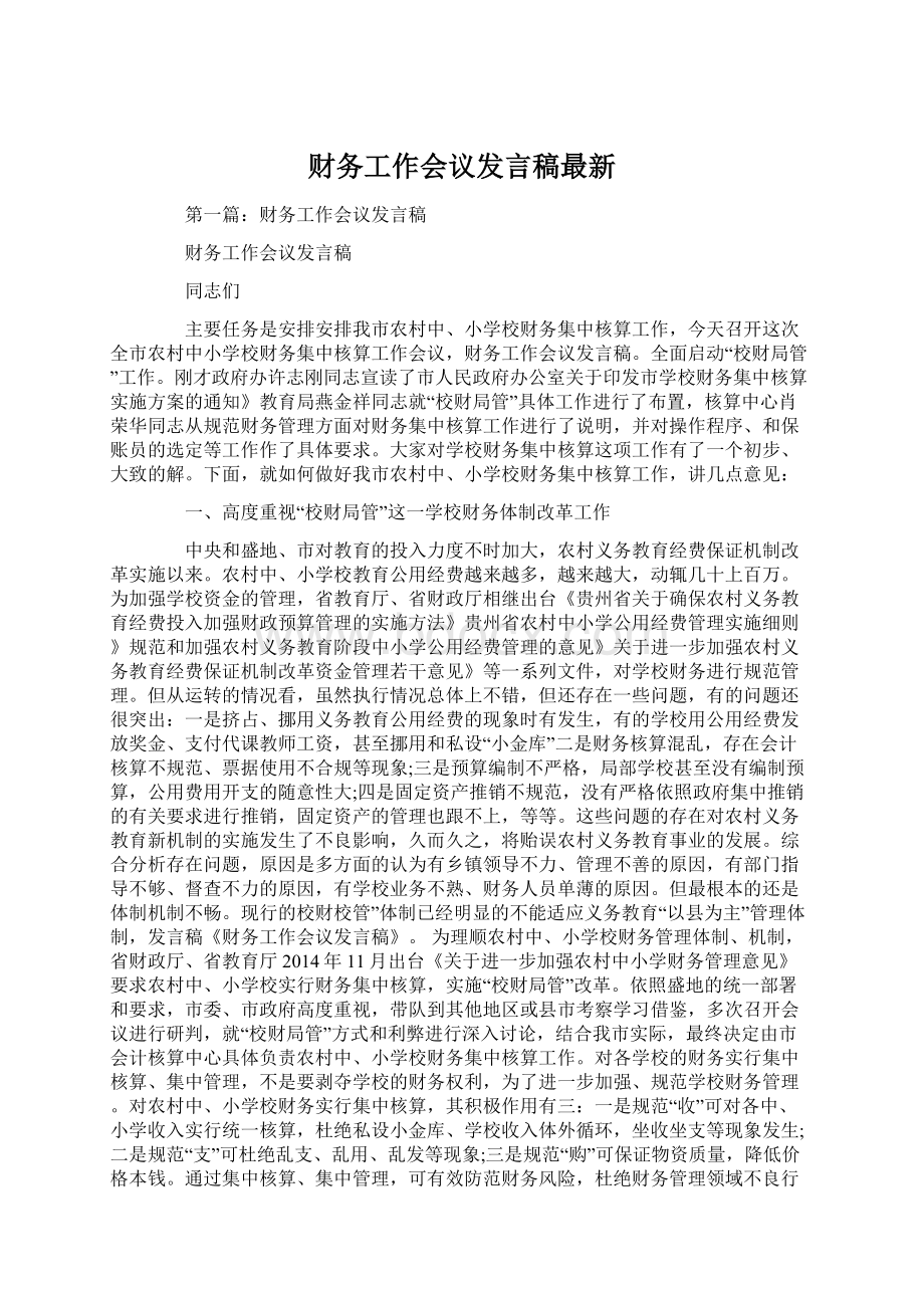 财务工作会议发言稿最新Word格式.docx