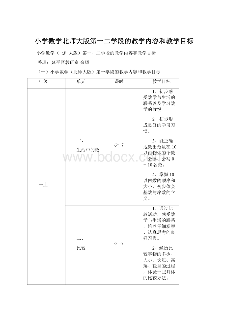 小学数学北师大版第一二学段的教学内容和教学目标Word文档下载推荐.docx