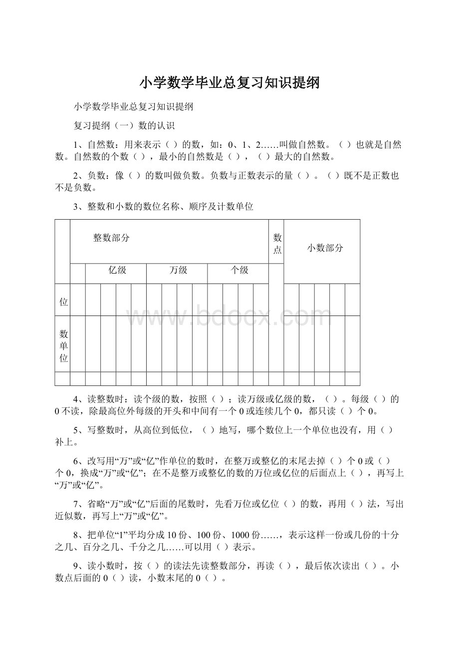 小学数学毕业总复习知识提纲.docx