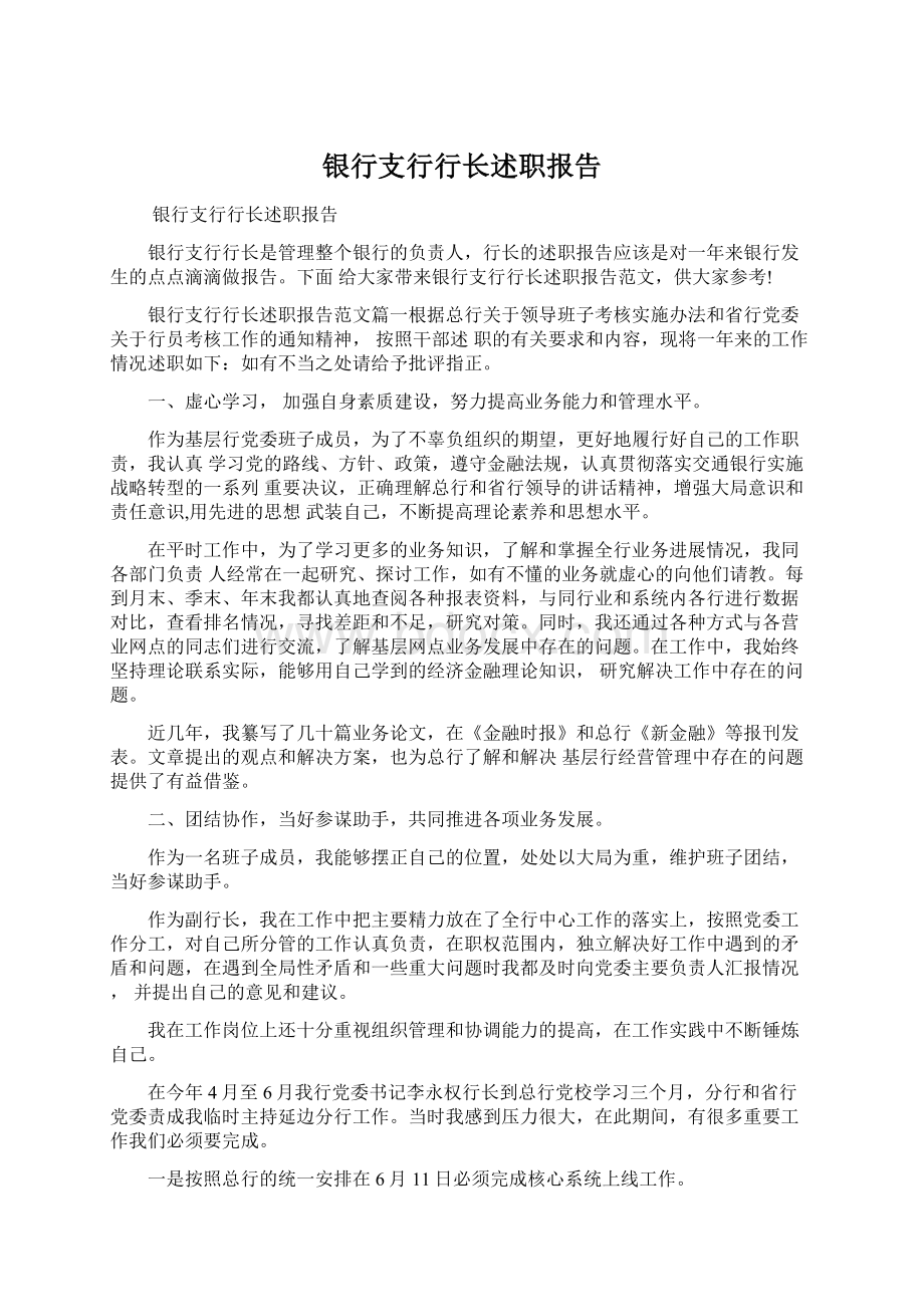 银行支行行长述职报告.docx_第1页