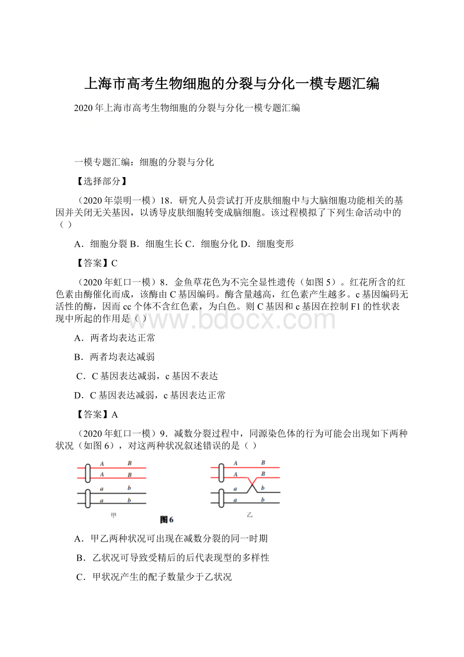 上海市高考生物细胞的分裂与分化一模专题汇编Word格式文档下载.docx_第1页