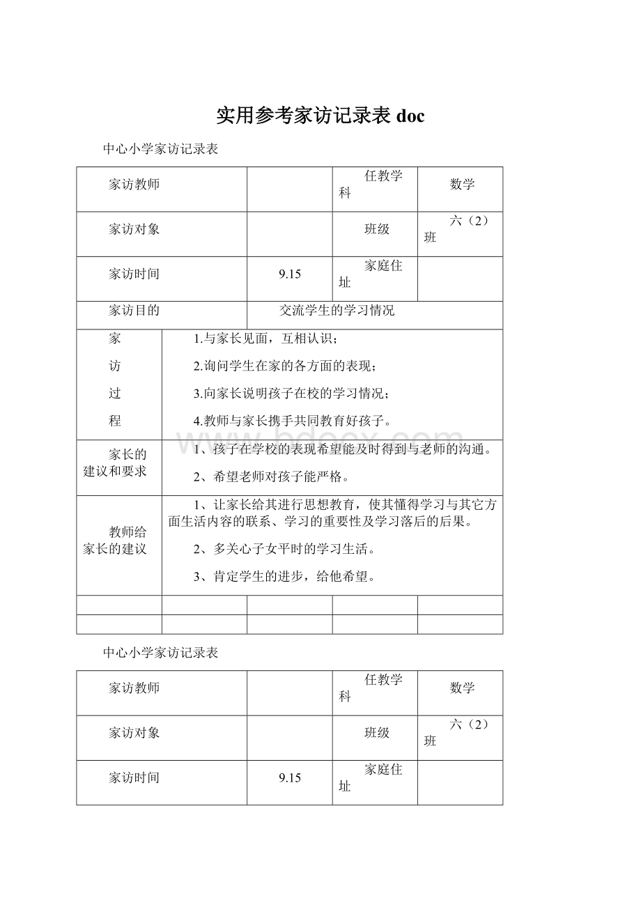 实用参考家访记录表docWord文档格式.docx