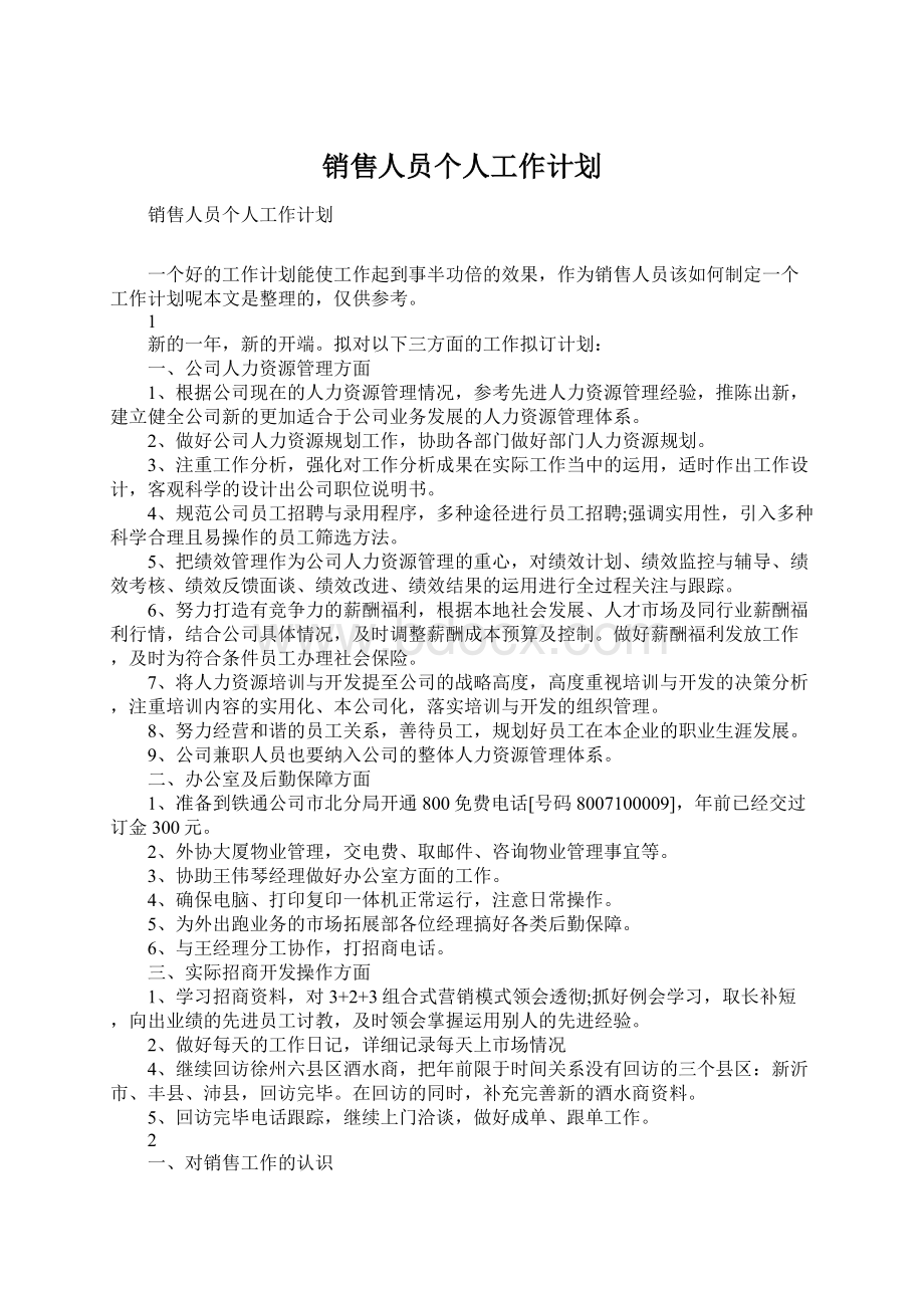 销售人员个人工作计划Word文档格式.docx_第1页