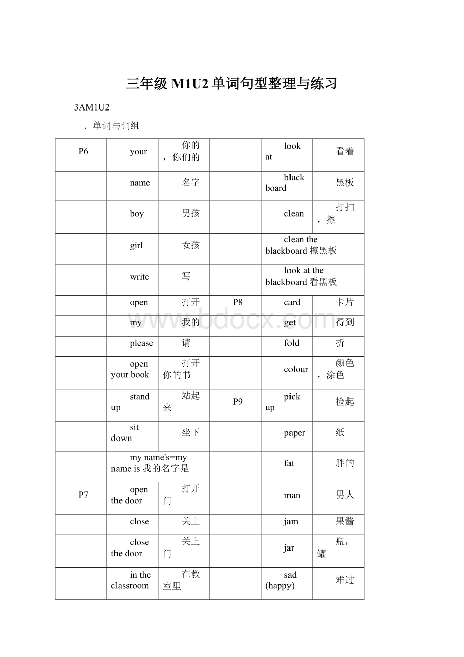 三年级M1U2单词句型整理与练习Word文档下载推荐.docx_第1页